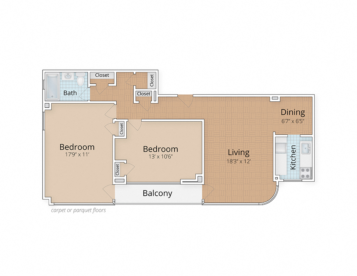Floor plan for 2 beds, 1 bath, 899 sqft